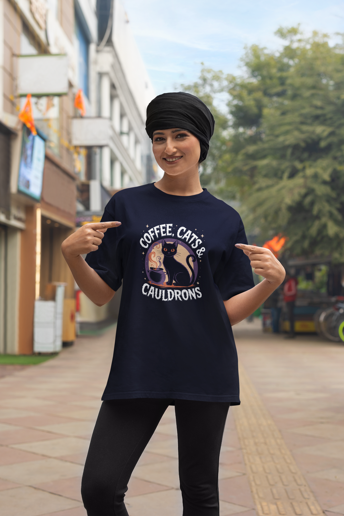 Coffee, Cats & Cauldrons Unisex Oversized T-Shirt