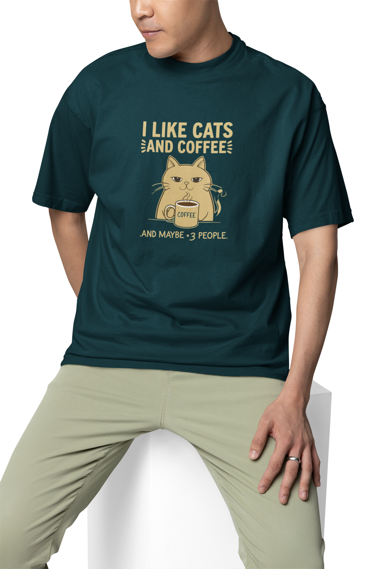 I Like Cats, Coffee And May Be 3 People Unisex Oversized T-Shirt