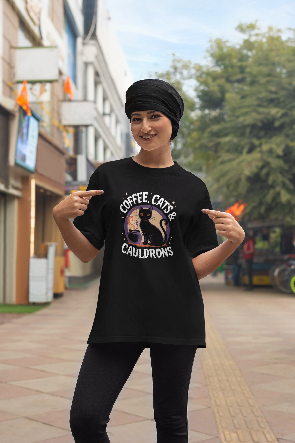 Coffee, Cats & Cauldrons Unisex Oversized T-Shirt