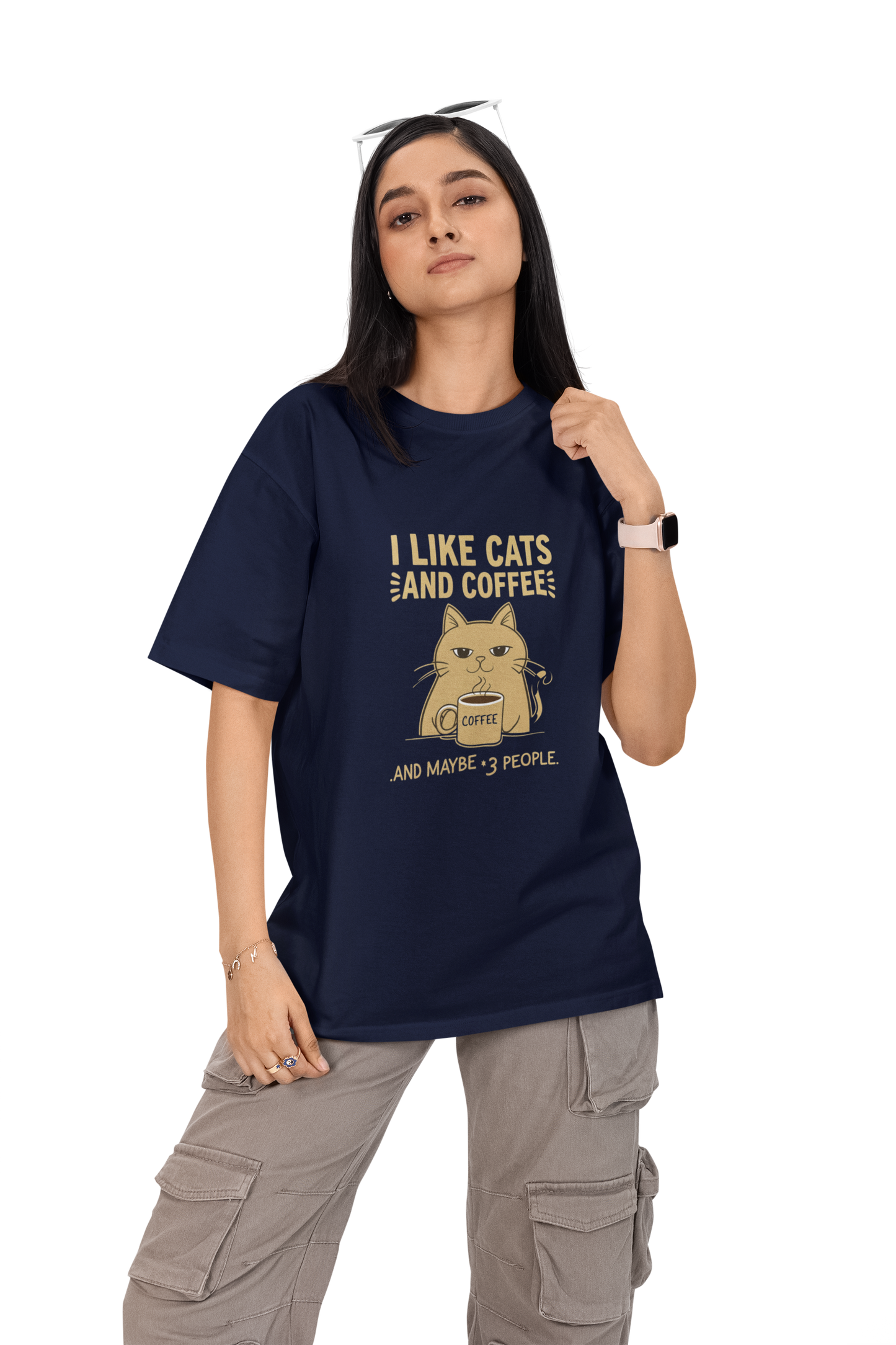 I Like Cats, Coffee And May Be 3 People Unisex Oversized T-Shirt