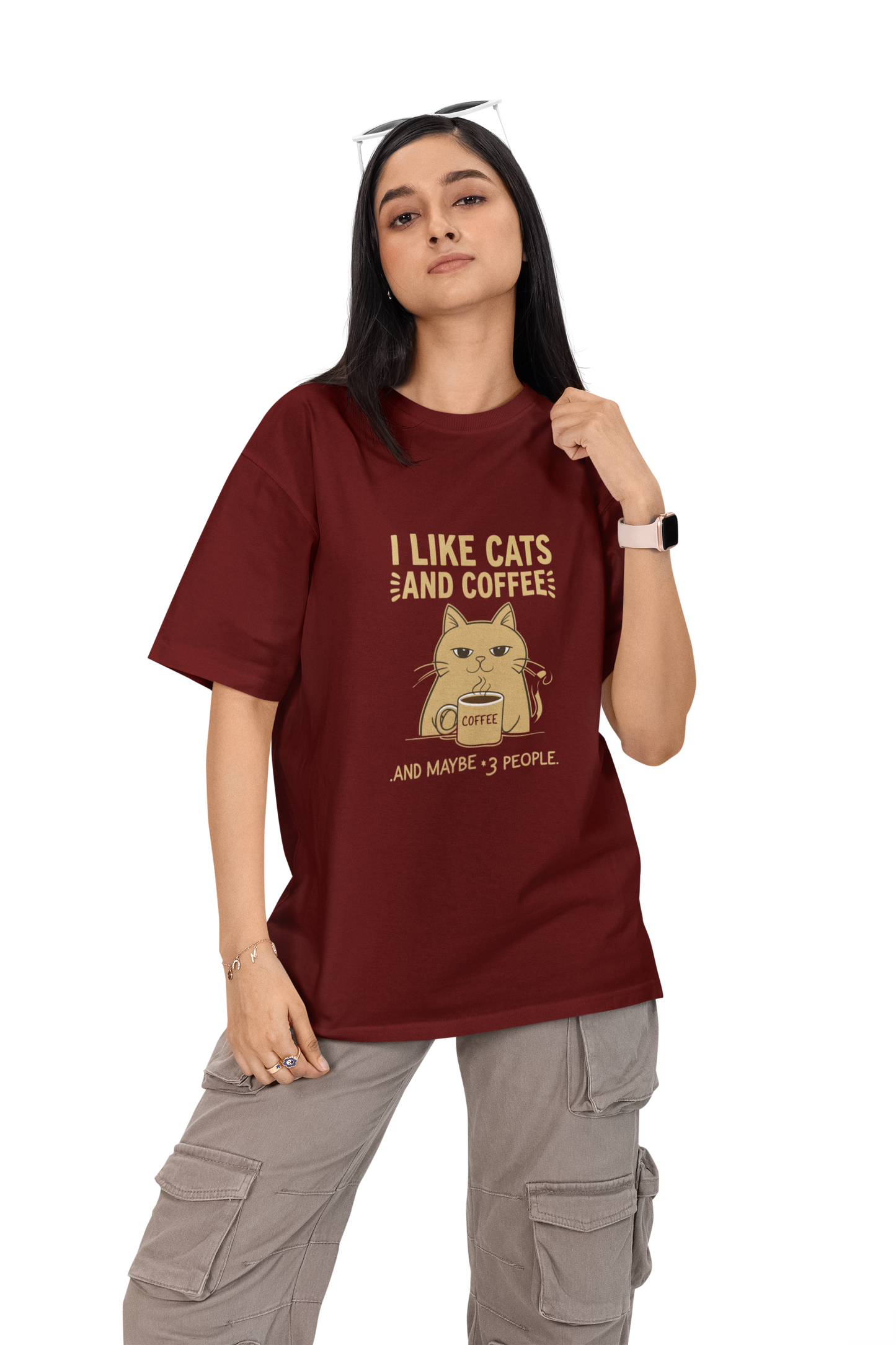 I Like Cats, Coffee And May Be 3 People Unisex Oversized T-Shirt